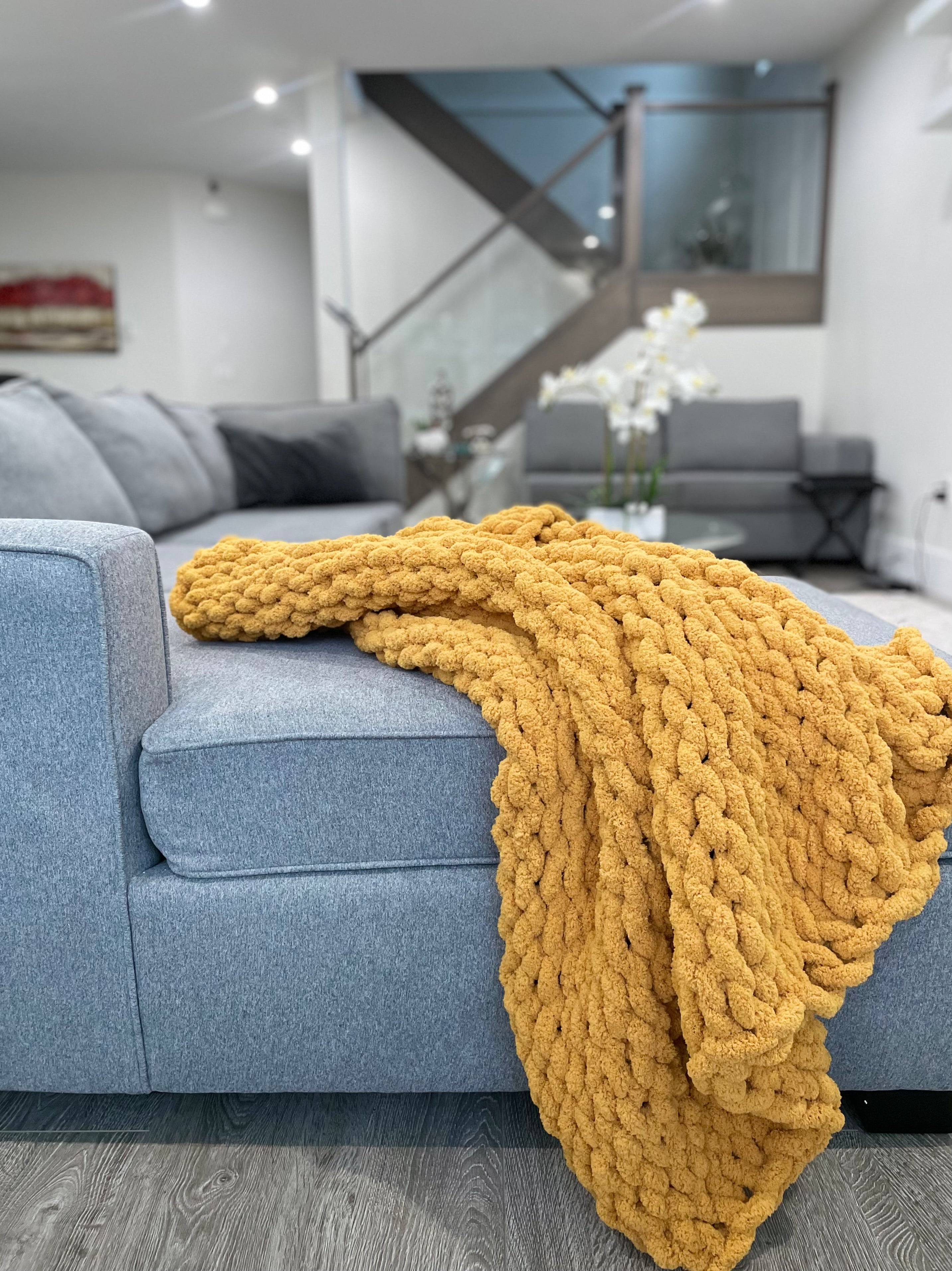 Chunky Blanket Mustard Cable Knit Throw Large Knitted Throws